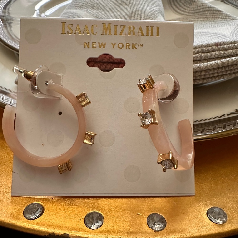 ISAAC MIZRAHI‎ Rhinestone And Pink Acrylic Hoop Earrings NWT